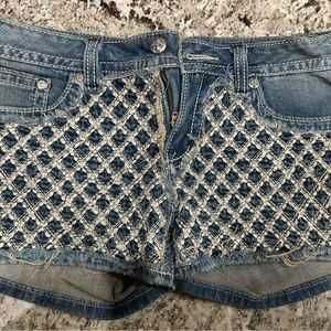 Stylish Blue Denim Shorts with White Crochet Detail